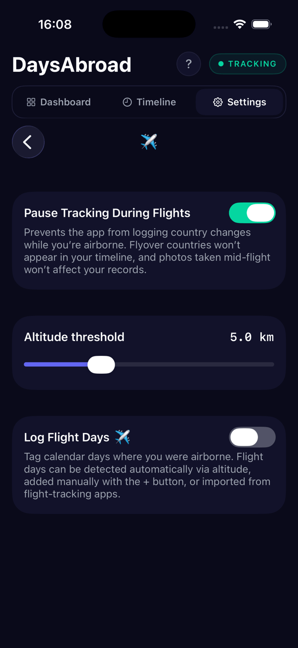 Flight tracking settings